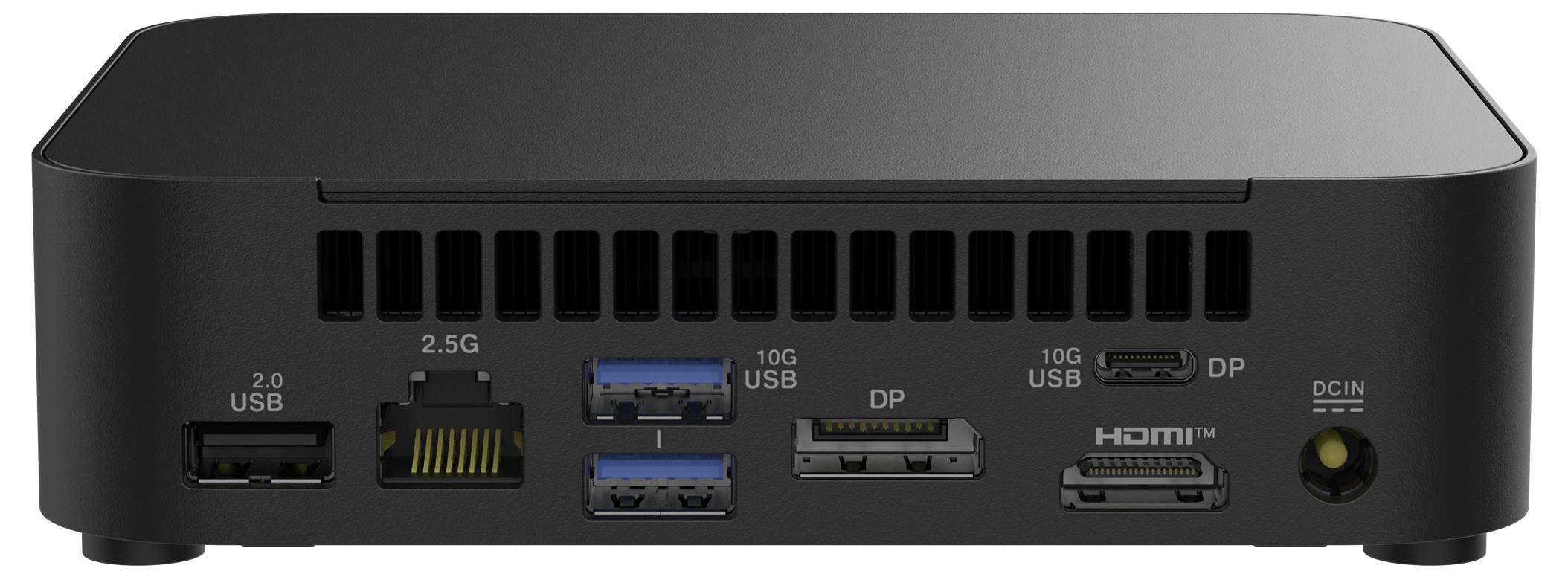 Schwarzer Mini-PC von hinten mit Anschlüssen: zwei USB-Anschlüsse, Ethernet, zwei DisplayPorts, HDMI, Stromanschluss.