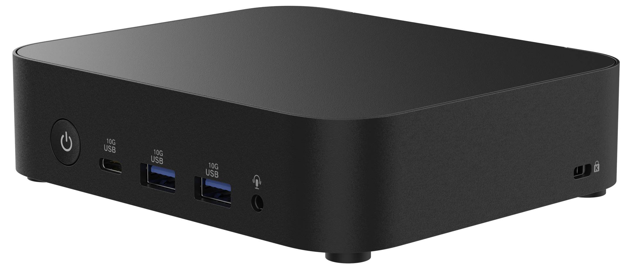 Ein schwarzer Mini-PC mit mehreren USB-Anschlüssen und einem Kopfhöreranschluss an der Vorderseite. Der Ein-/Aus-Schalter ist links.