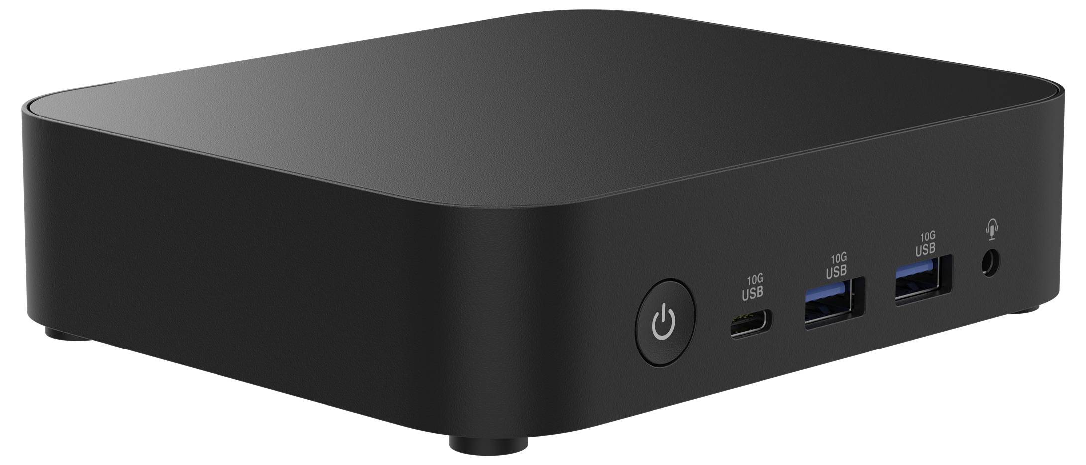 Ein schwarzer Mini-PC mit USB-Anschlüssen und einem Ein-/Ausschalter an der Vorderseite, geeignet für kompakte Arbeitsbereiche.