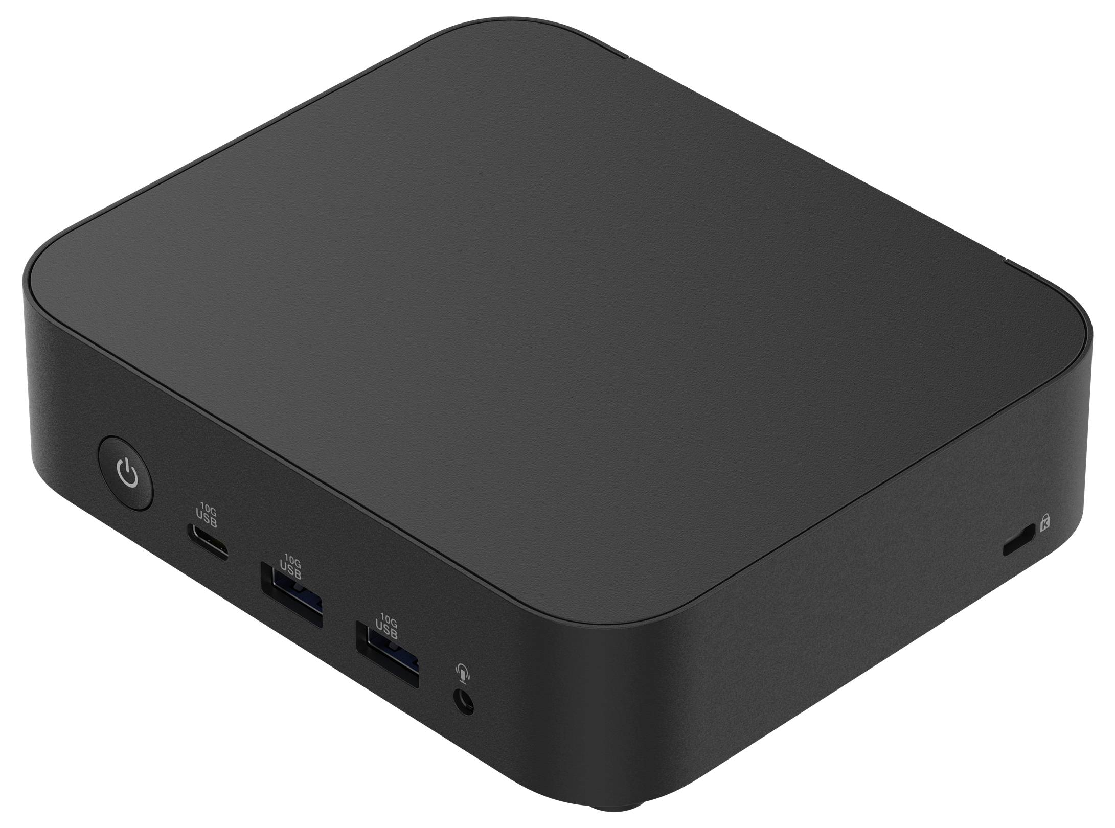 Ein schwarzer Mini-PC mit einem Power-Button und mehreren USB-Anschlüssen an der Vorderseite.