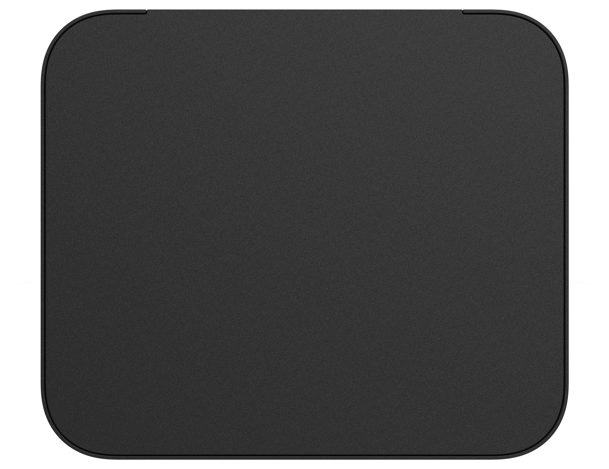 Ein rechteckiges, schwarzes Touchpad mit abgerundeten Ecken auf weißem Hintergrund.