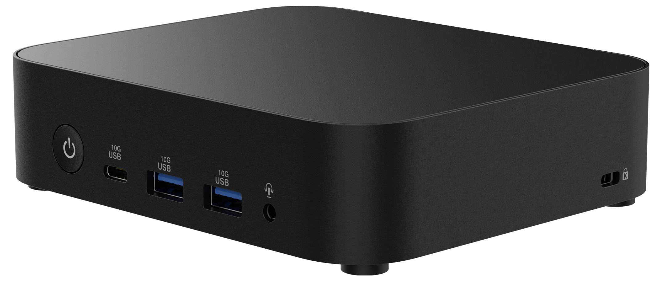 Ein schwarzer Mini-Computer mit zwei USB-Anschlüssen, einem Audioanschluss und einem Netzschalter an der Vorderseite.