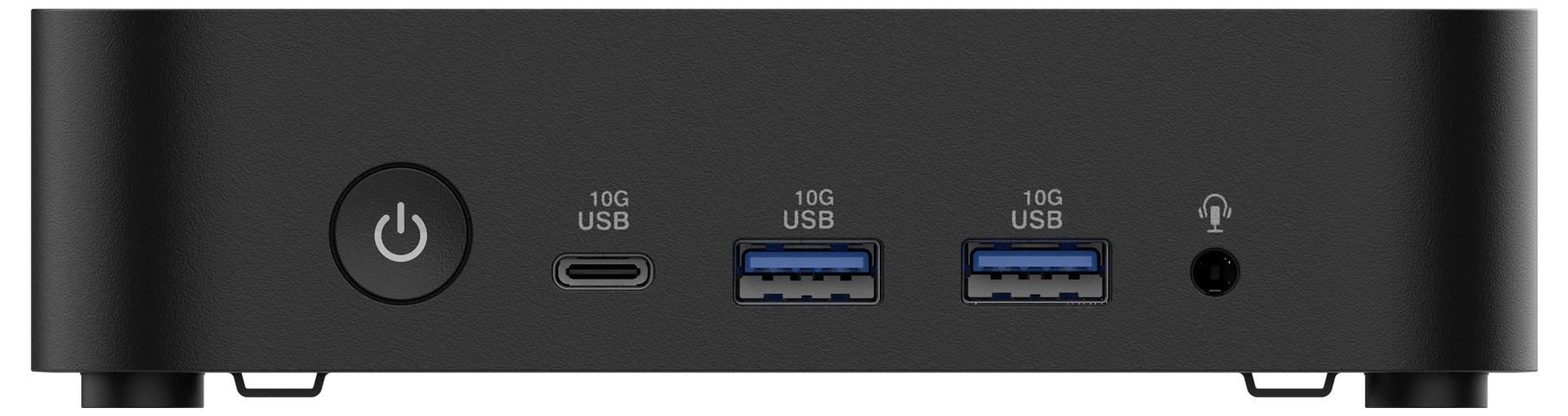 Eine schwarze Dockingstation mit einem Netzschalter, drei USB-Anschlüssen (einer USB-C, zwei USB-A) und einem Kopfhöreranschluss auf der Vorderseite.