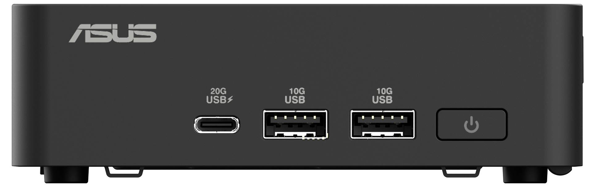 Schwarze Asus-Mini-PC-Frontansicht mit vier Anschlüssen: ein USB-C, zwei USB-A und ein Netzschalter rechts.