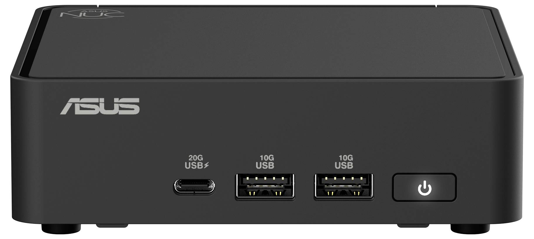 Ein kompakter, schwarzer Mini-PC von ASUS mit USB-Anschlüssen auf der Vorderseite, einem Netzschalter und dem ASUS-Logo oben links.