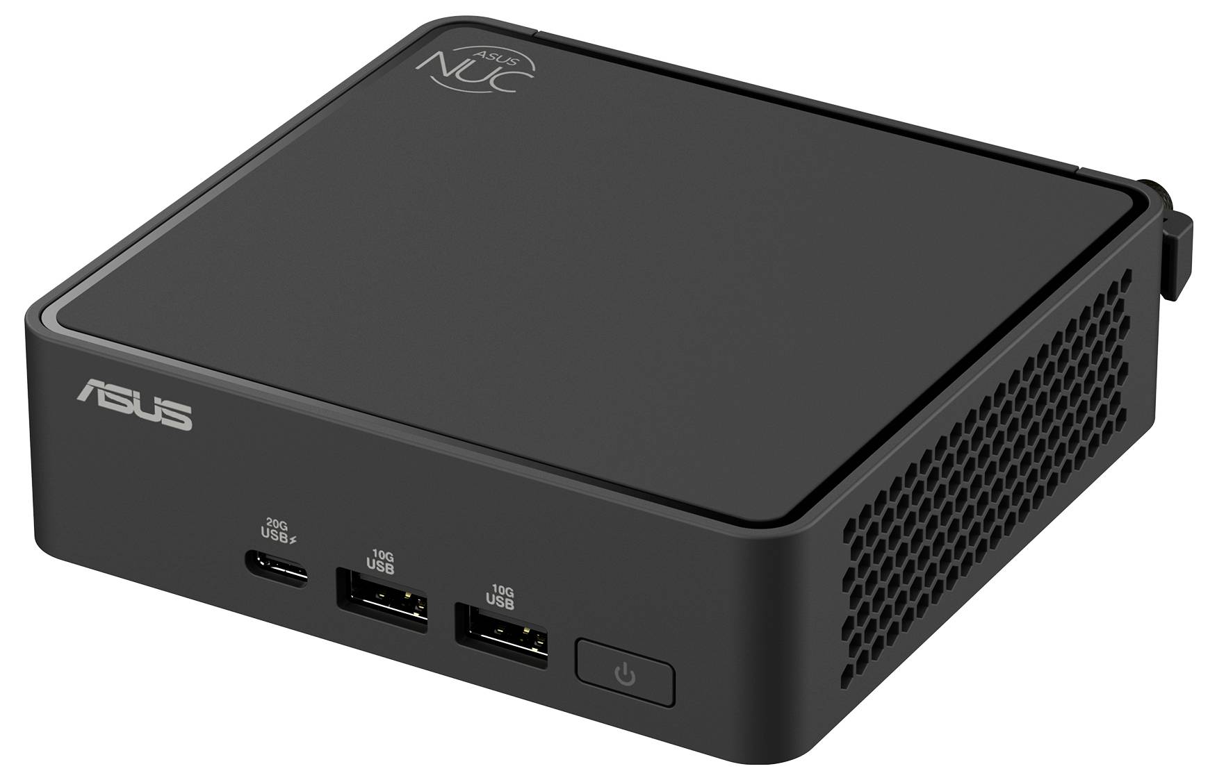 Ein schwarzes, quadratisches Computergerät mit ASUS-Logo, zwei USB-Anschlüssen, einem USB-C-Anschluss und einem Netzschalter an der Vorderseite.