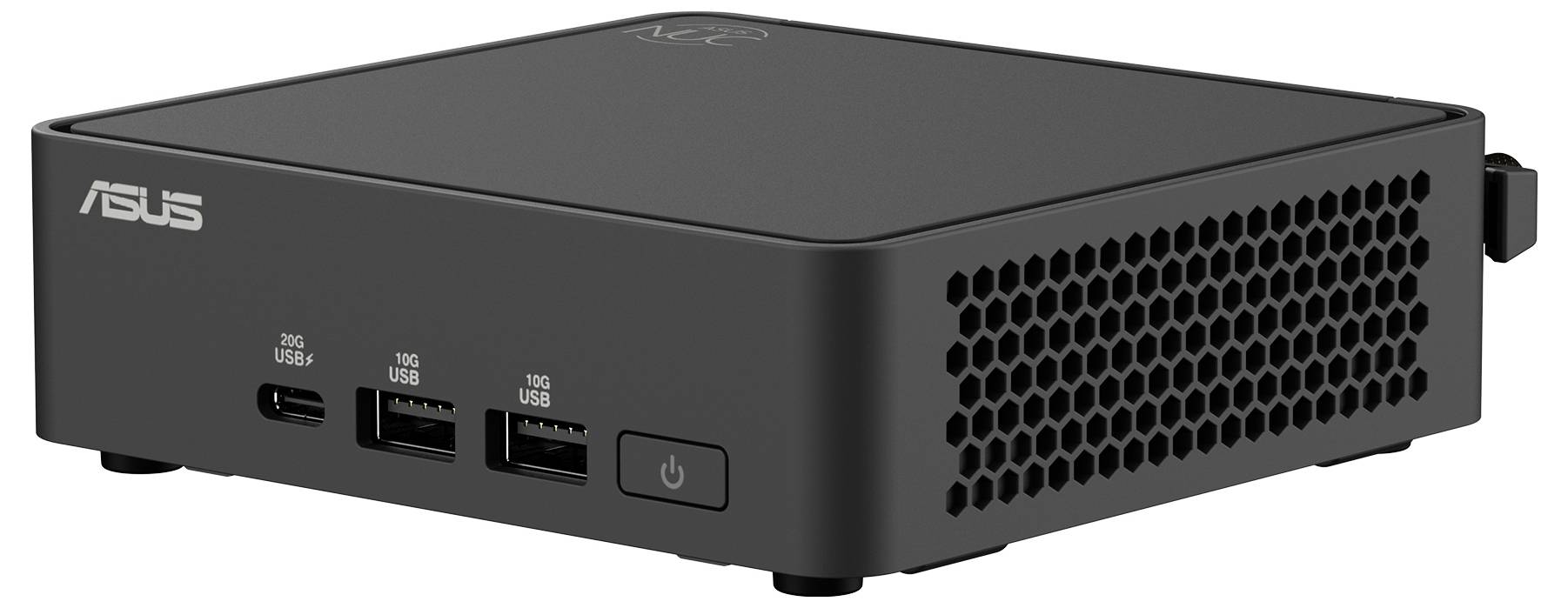 Schwarzer Mini-PC von ASUS mit Lüftungsgittern, mehreren USB-Anschlüssen und Netzschalter an der Vorderseite.
