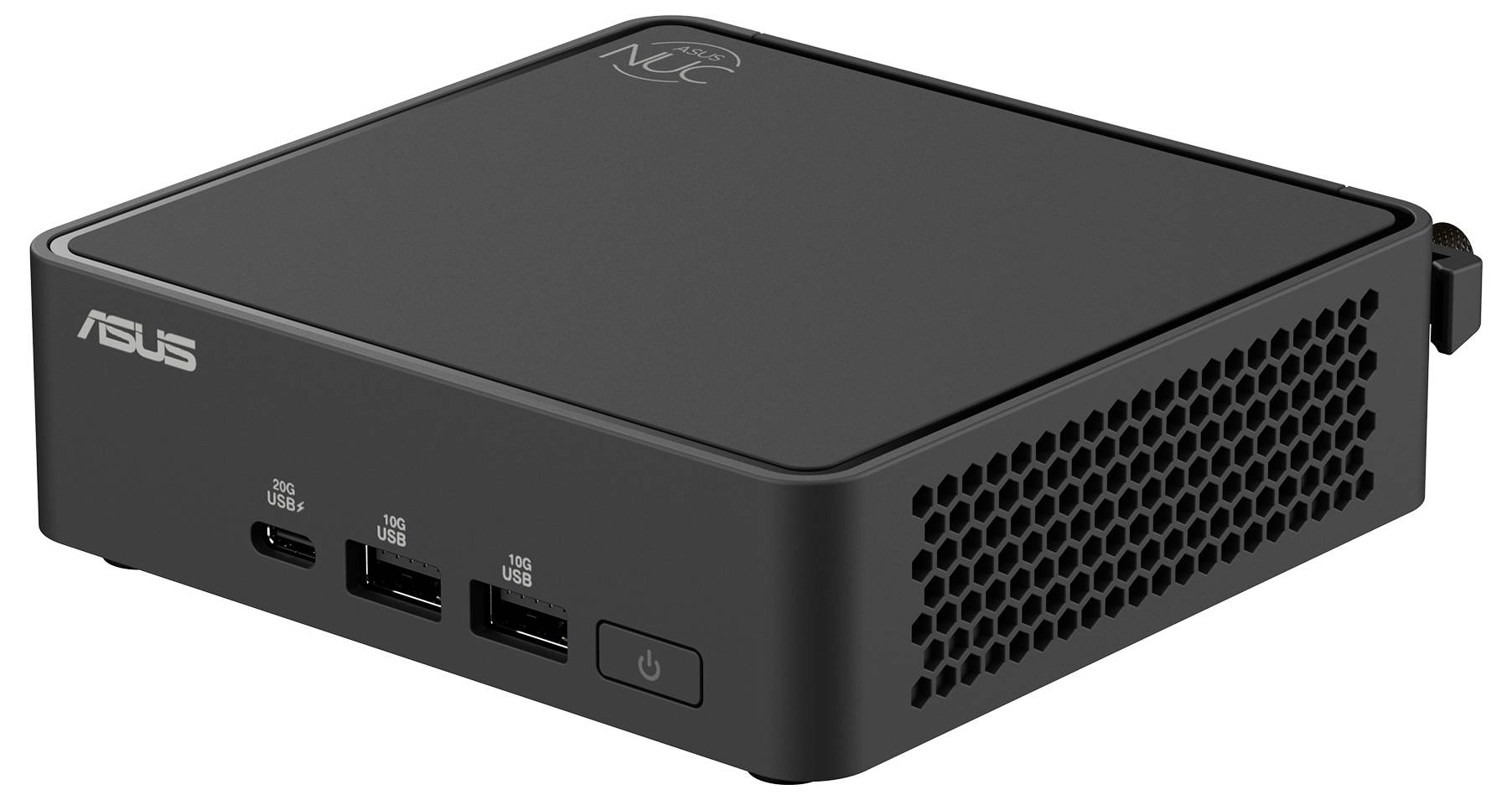 Ein schwarzer Mini-PC von Asus. Vorderseite zeigt zwei USB-Anschlüsse und eine Power-Taste. Ideal für kompakte Arbeitsbereiche.