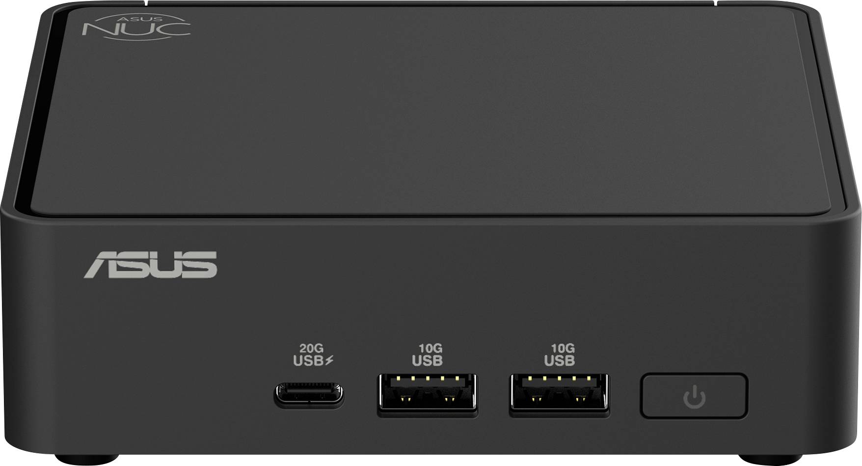 Ein kompakter, schwarzer Mini-PC mit Asus-Logo, drei USB-Anschlüssen und einem Ein-/Aus-Schalter an der Vorderseite.