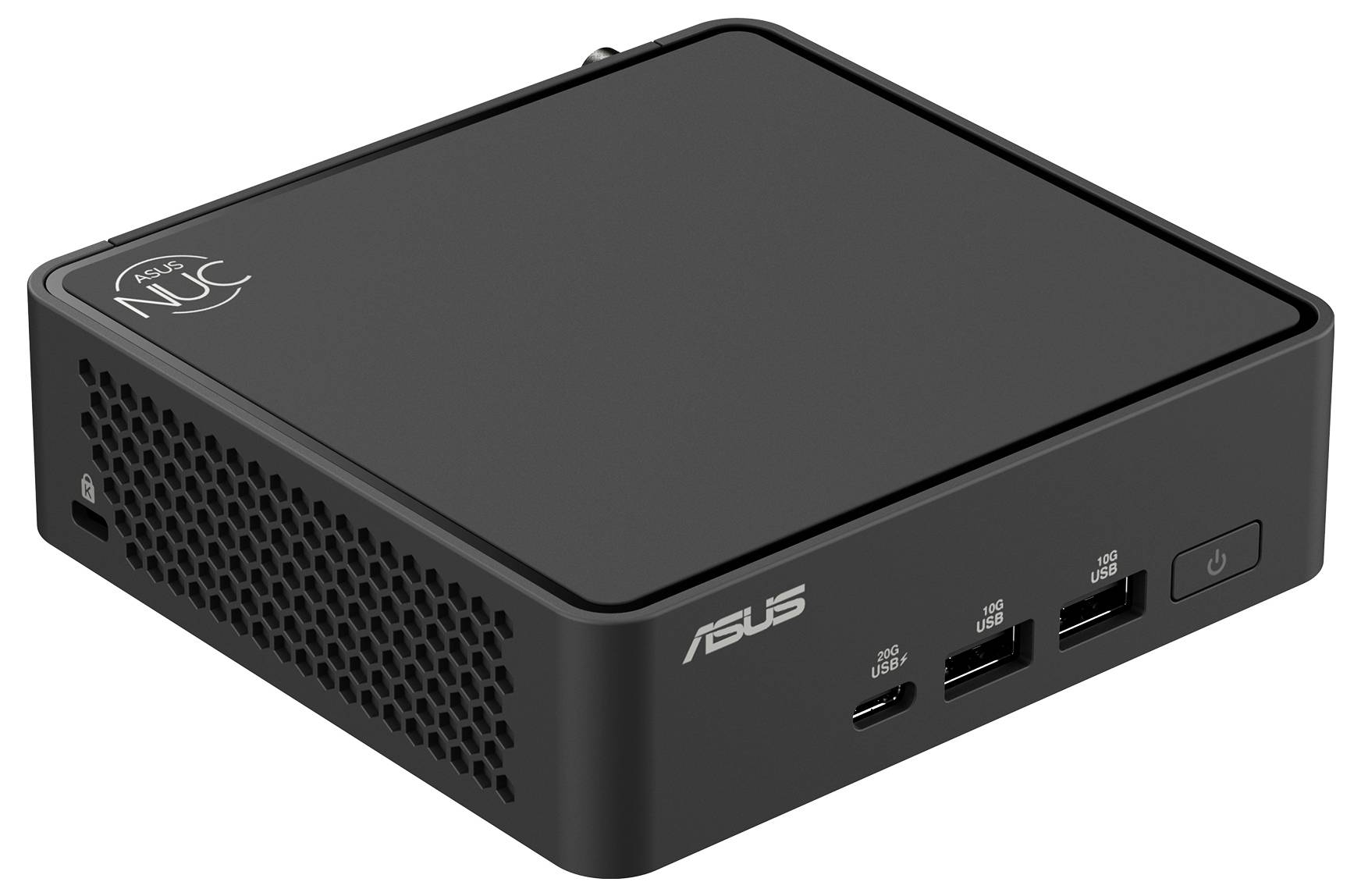 Ein kompakter schwarzer Mini-PC mit den Anschlüssen an der Vorderseite. Logo und Name des Herstellers sind zu sehen.