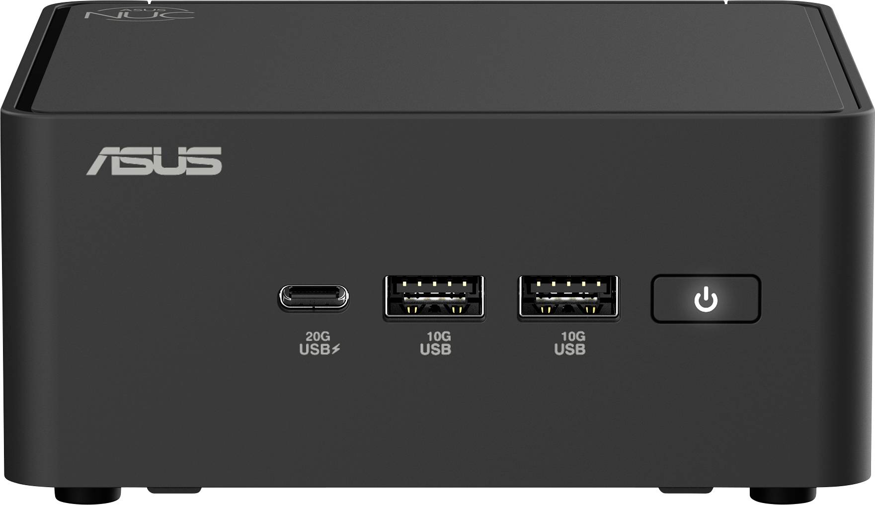 Schwarze Mini-PC-Box mit dem Logo 'ASUS' auf der Vorderseite. Drei USB-Anschlüsse und ein Power-Button sind sichtbar.