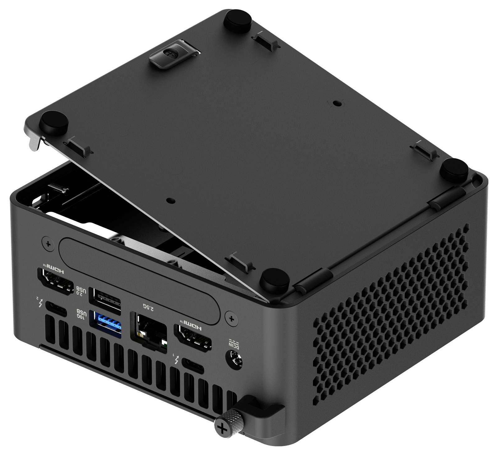 Schwarzer Mini-PC mit abnehmbarem Deckel zeigt USB- und HDMI-Anschlüsse sowie Lüftungsschlitze. Der Deckel ist teils geöffnet.