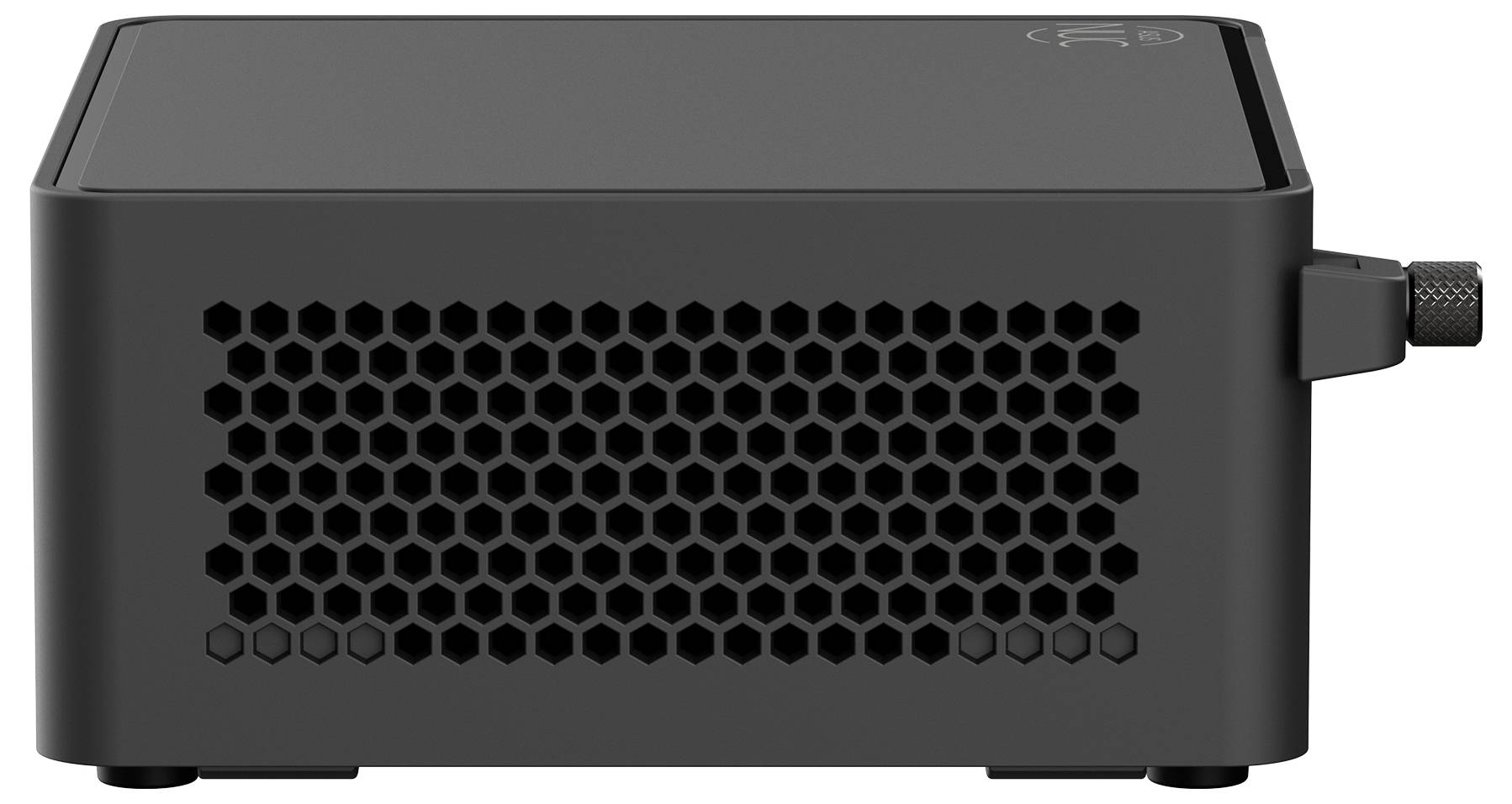 Sicht auf die Seite eines kleinen schwarzen Computer- oder Gerätekastens mit sechseckigen Lüftungsschlitzen.