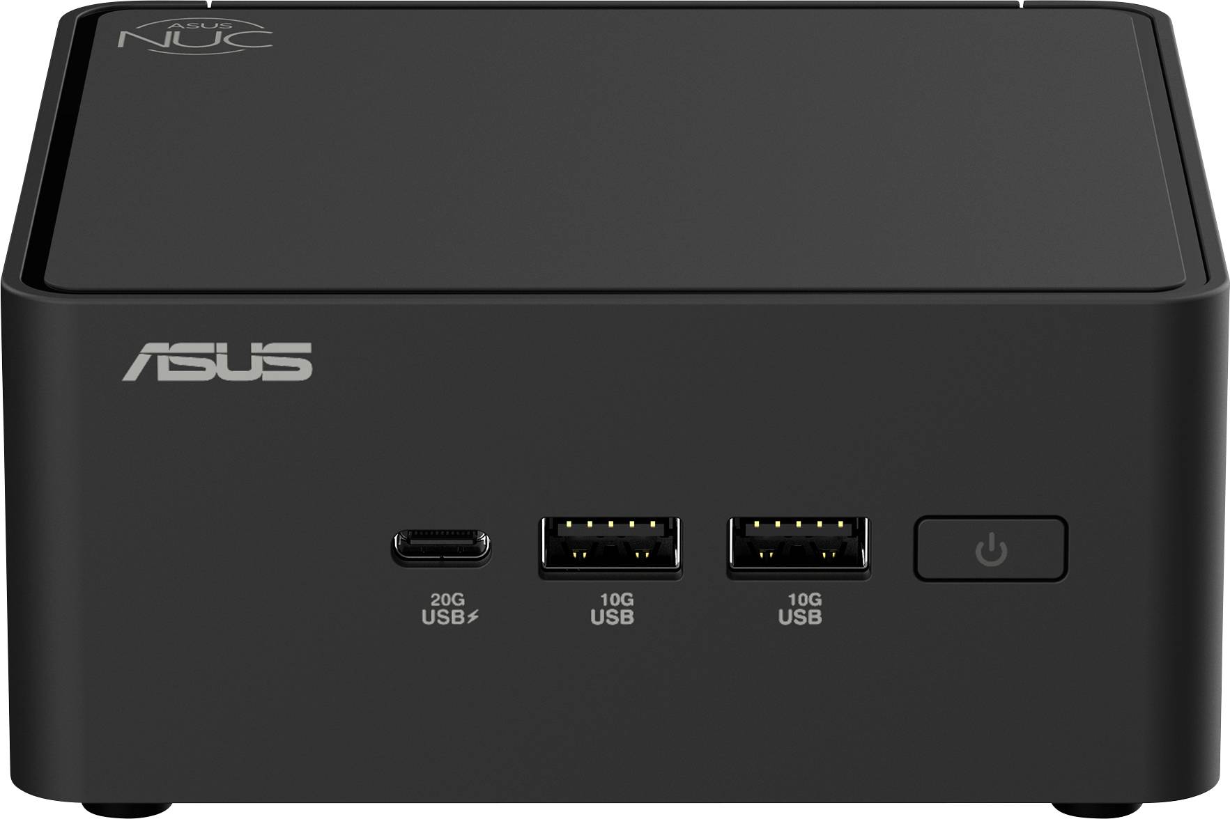 Schwarzer, quadratischer Mini-PC mit ASUS-Logo, zwei USB-Anschlüssen und Netzschalter an der Vorderseite.