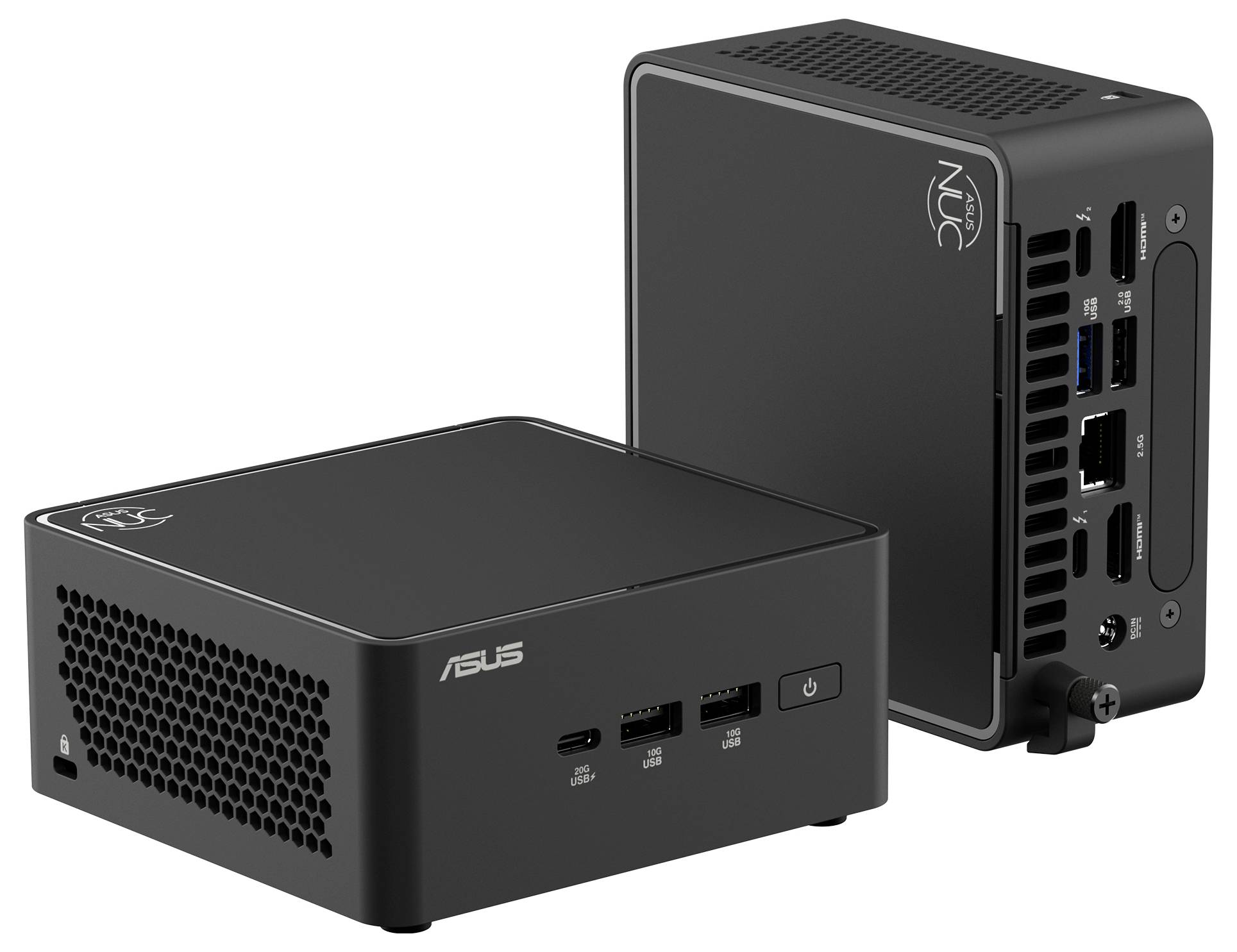 Kompakter Mini-PC mit mehreren Anschlüssen, darunter HDMI, USB und Ethernet. Markenlogo auf der Oberfläche sichtbar.