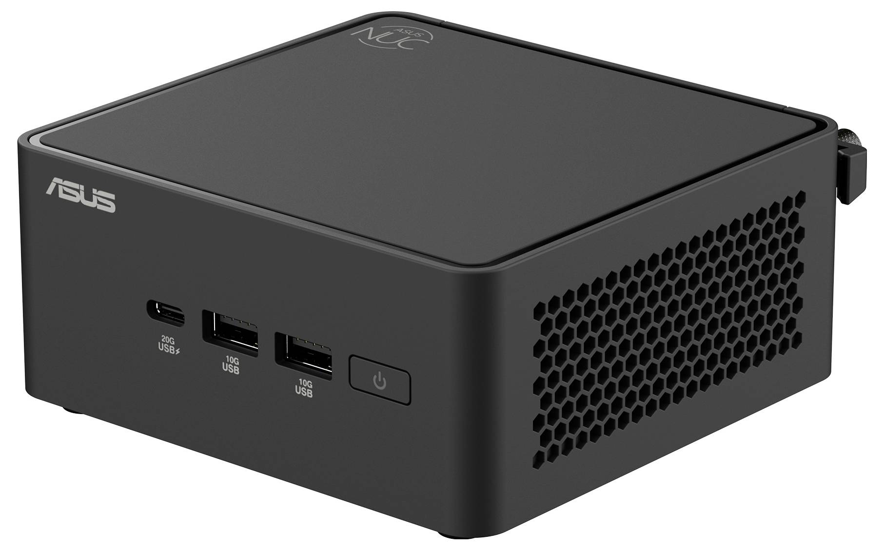 Ein kompakter schwarzer Mini-PC der Marke Asus mit mehreren USB-Anschlüssen auf der Vorderseite, ideal für platzsparende Computerlösungen.