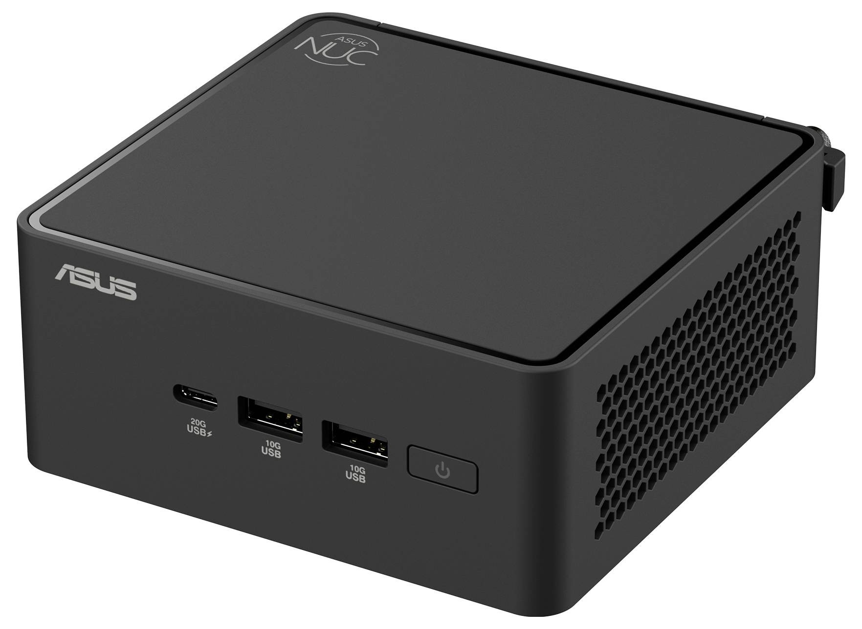 Kompakter schwarzer Mini-PC mit mehreren USB-Anschlüssen auf der Vorderseite. ASUS-Logo sichtbar. Ideal für platzsparende Computeranwendungen.