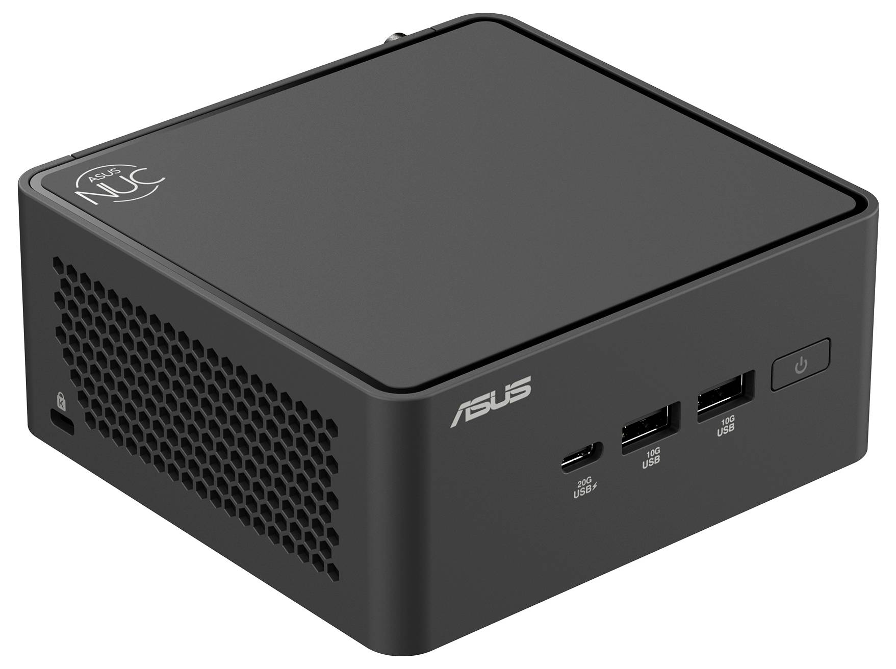Ein schwarzer Mini-PC mit ASUS-Logo, Lüftungsschlitzen an der Seite und mehreren USB-Anschlüssen an der Vorderseite.