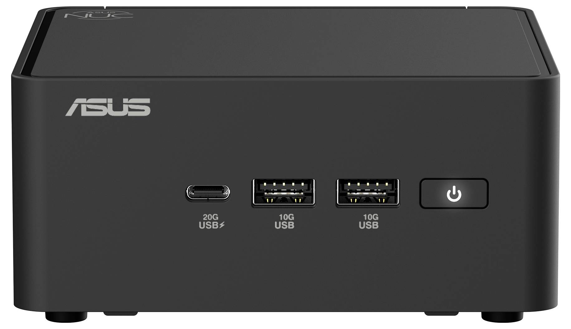 Schwarzer ASUS Mini-PC mit Firmenlogo, drei USB-Anschlüssen und einem Netzschalter auf der Vorderseite.