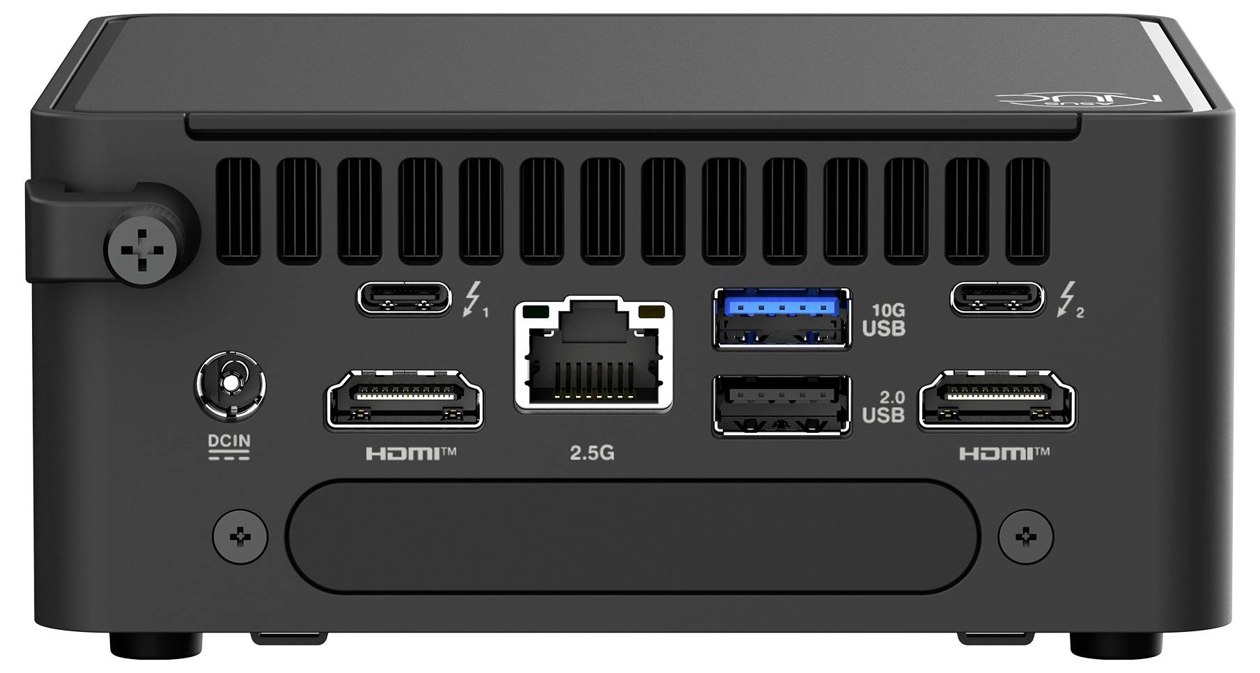Rückseite eines kompakten Computers mit Anschlüssen: zwei HDMI, ein Ethernet, zwei USB-C, ein USB 3.0, ein USB 2.0 und Stromanschluss.
