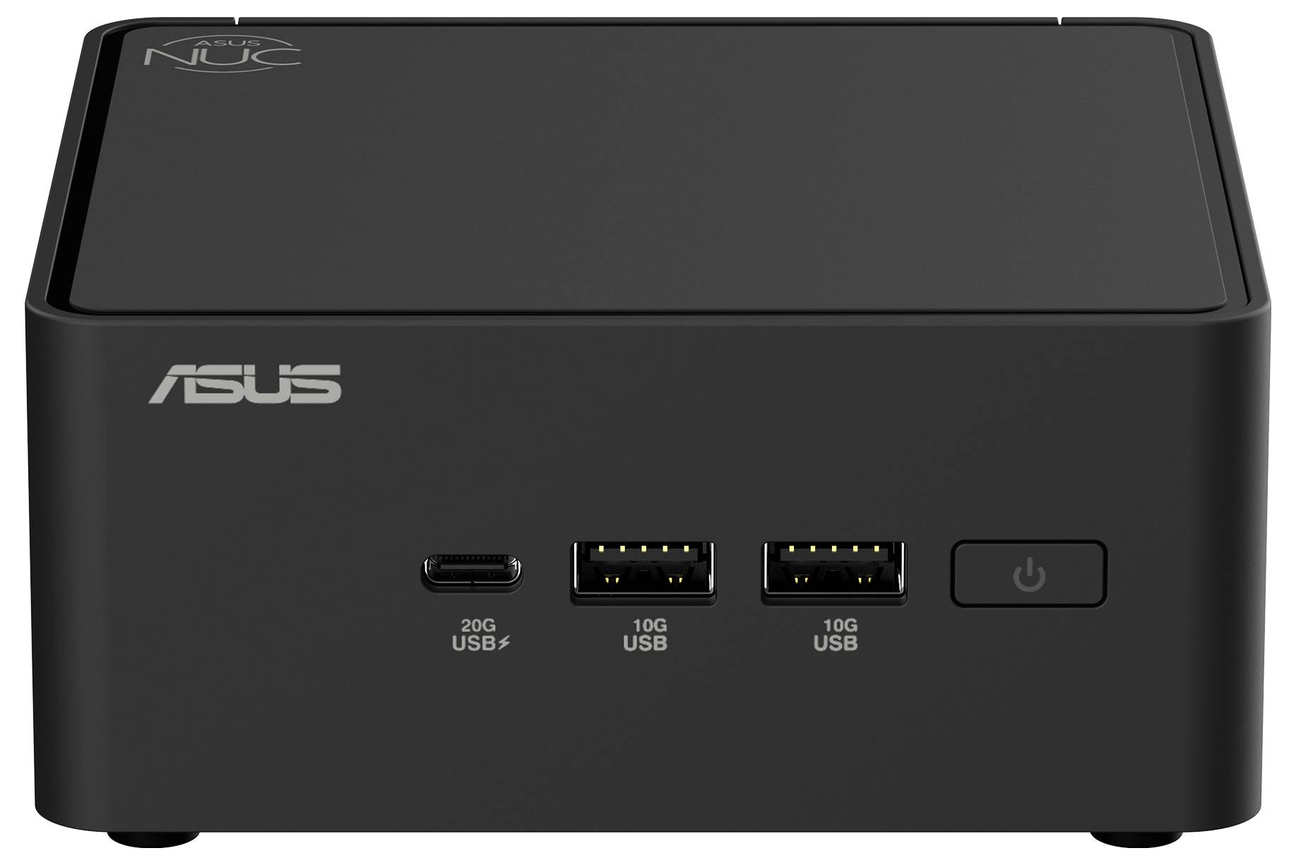 Ein schwarzer Mini-PC mit dem Asus-Logo. Zwei USB-Anschlüsse vorne, ein USB-C-Anschluss und ein Netzschalter sichtbar.