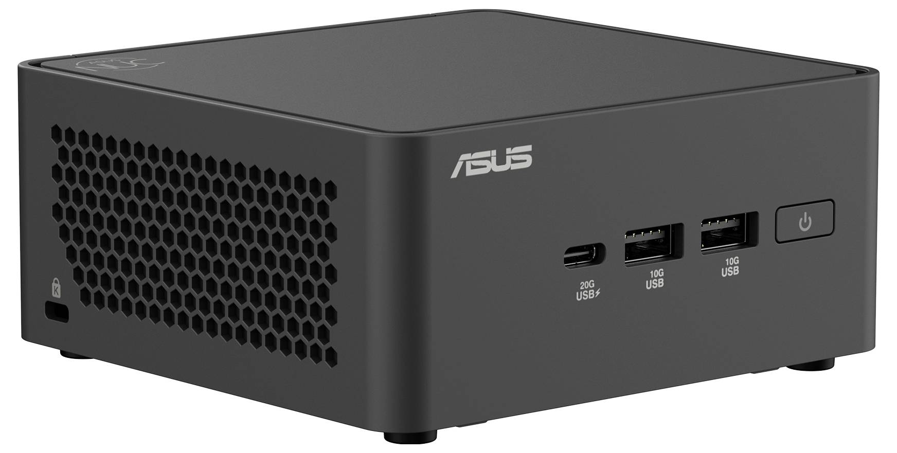 Ein kleiner, schwarzer Asus-Computer mit seitlichen Belüftungsschlitzen. Vorne sind USB-Anschlüsse und ein Netzschalter sichtbar.