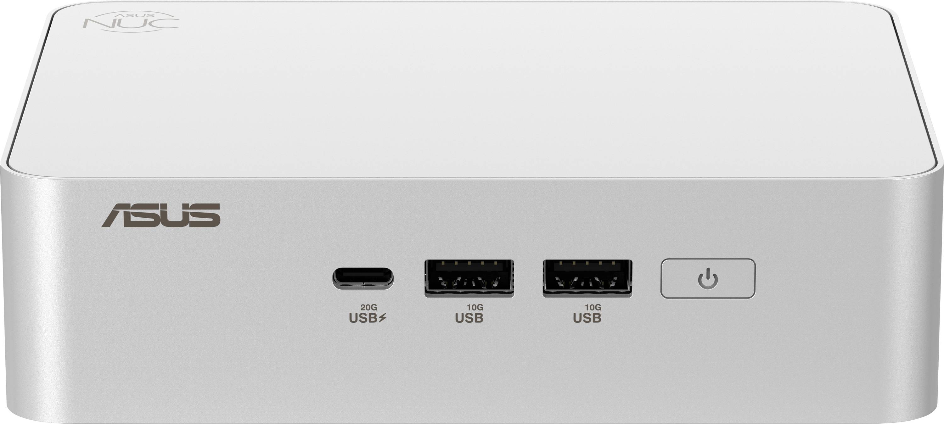 Ein kompakter weißer Computer mit zwei USB-Anschlüssen und einem USB-C-Anschluss auf der Vorderseite, daneben ein Power-Knopf.