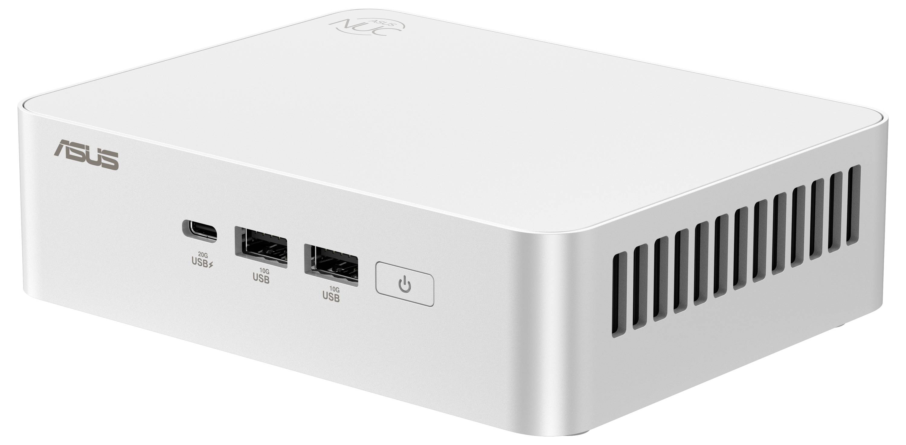 Ein weißer ASUS Mini-PC mit Lüftungsschlitzen und Anschlüssen an der Vorderseite.