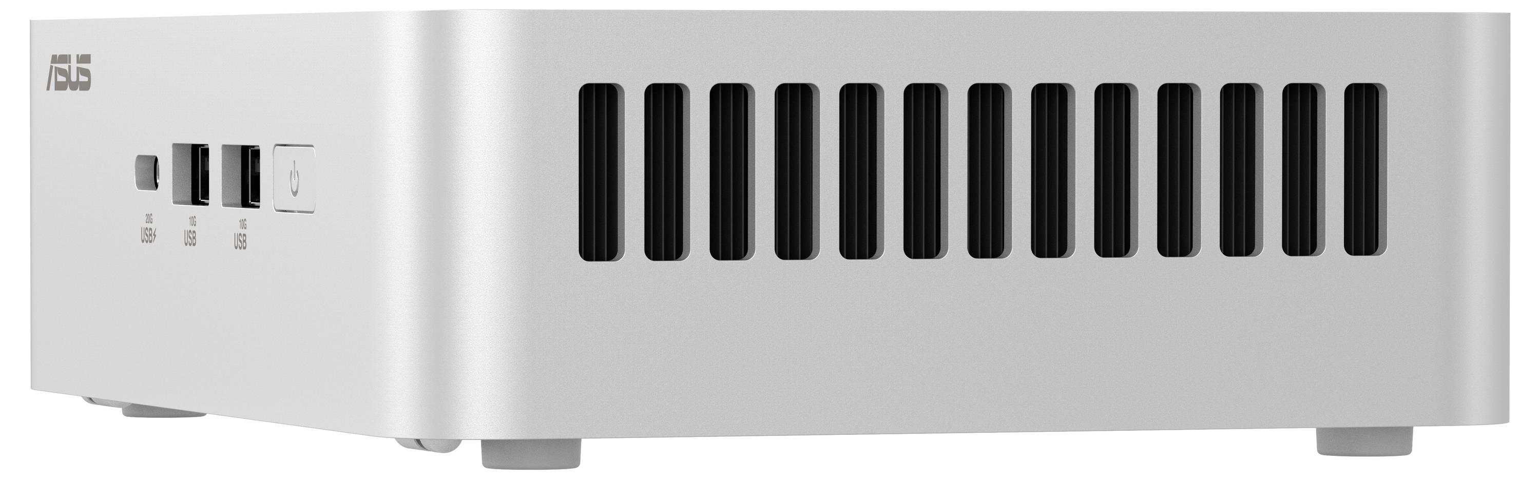 Ein silberner Mini-PC mit Lüftungsschlitzen und mehreren Anschlüssen an der Seite.