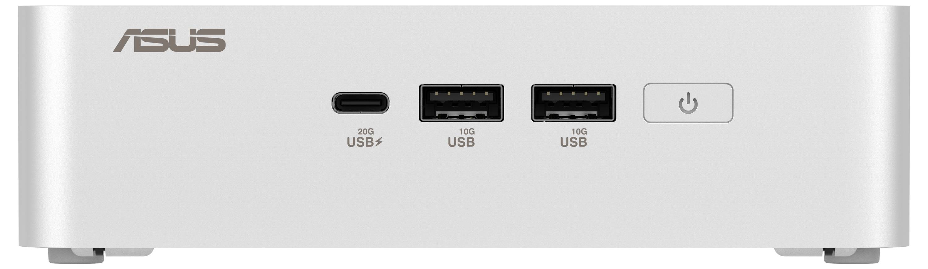 Ein weißer Mini-PC mit dem Logo 'ASUS' auf der linken Seite. Auf der Vorderseite sind USB-Anschlüsse, ein USB-C-Anschluss und ein Netzschalter.