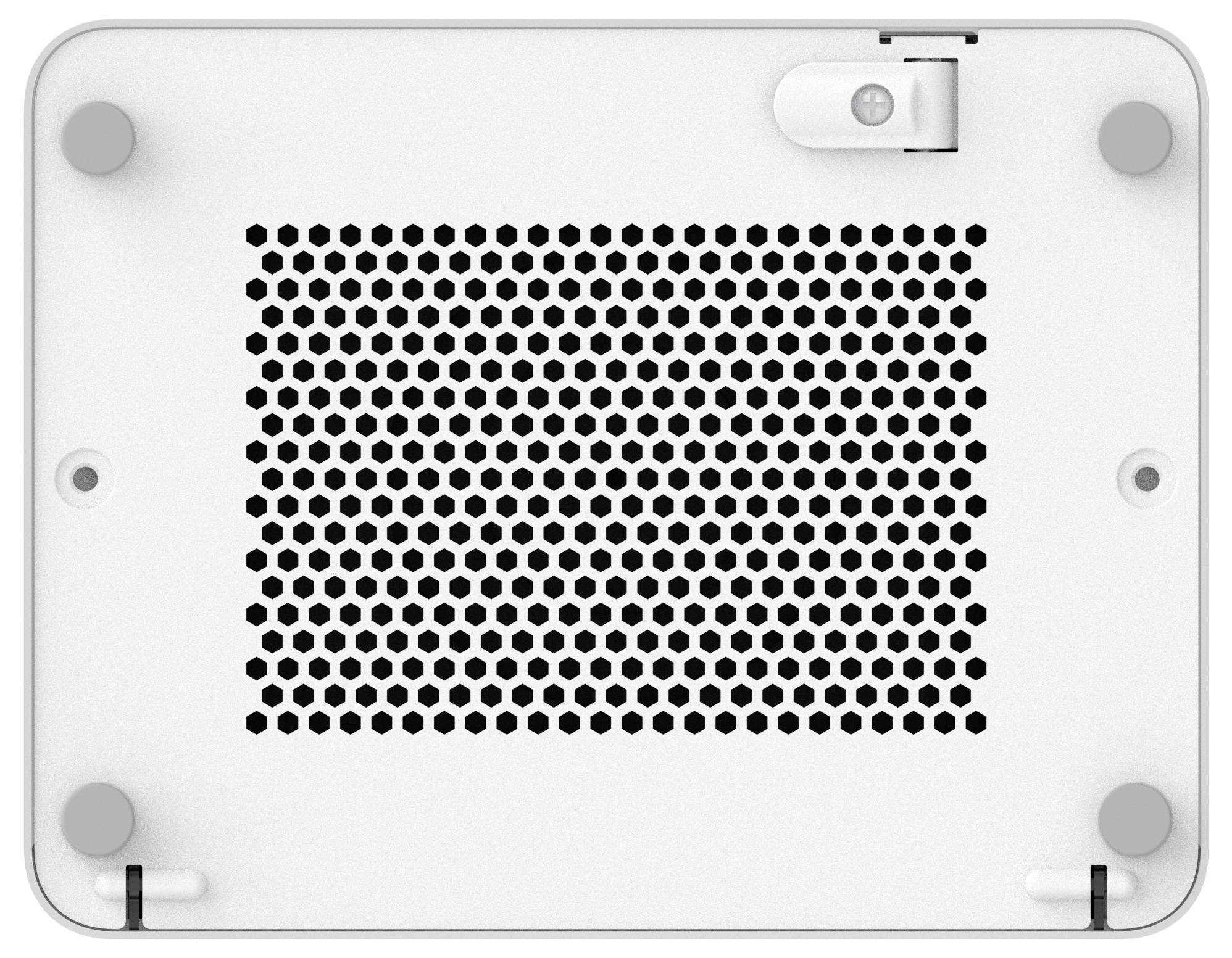 Die Unterseite eines weißen Laptops mit Lüftungsgitter in der Mitte und grauen Standfüßen an den Ecken.