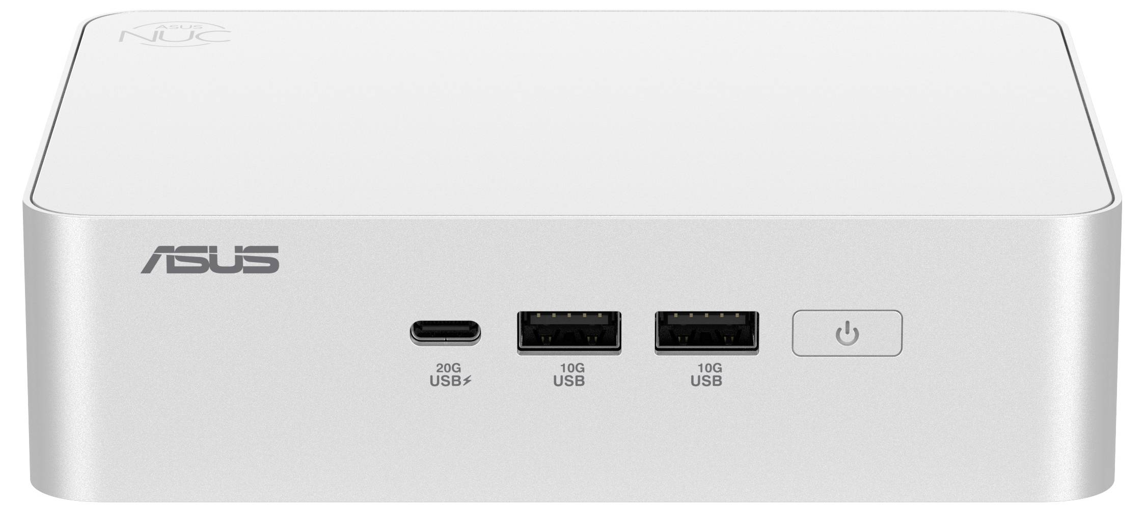 Ein weißer ASUS Mini-PC (NUC) mit Frontanschlüssen: ein USB-C und zwei USB-A Ports. Ein Power-Button rechts der Anschlüsse.