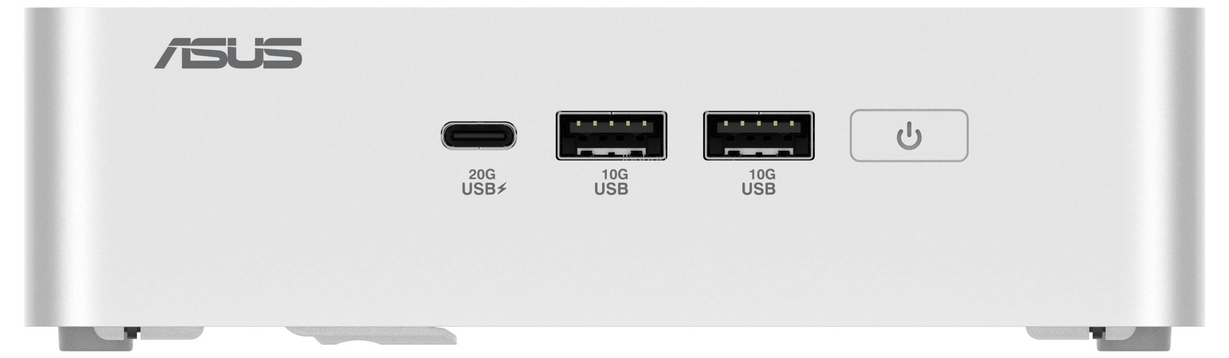 Ein ASUS Mini-PC, Vorderansicht, mit zwei USB-Anschlüssen, einem USB-C-Anschluss und einem Ein-/Ausschalter.