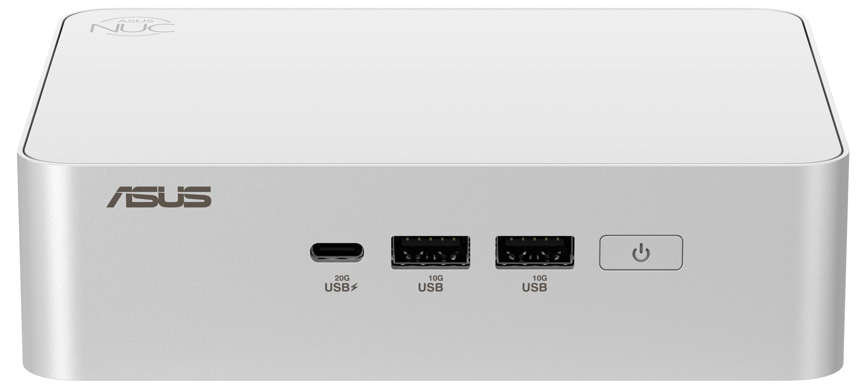 Ein kleines, rechteckiges ASUS NUC-Computergerät in Weiß und Silber mit zwei USB-Anschlüssen, einem USB-C-Anschluss und einem Einschaltknopf.