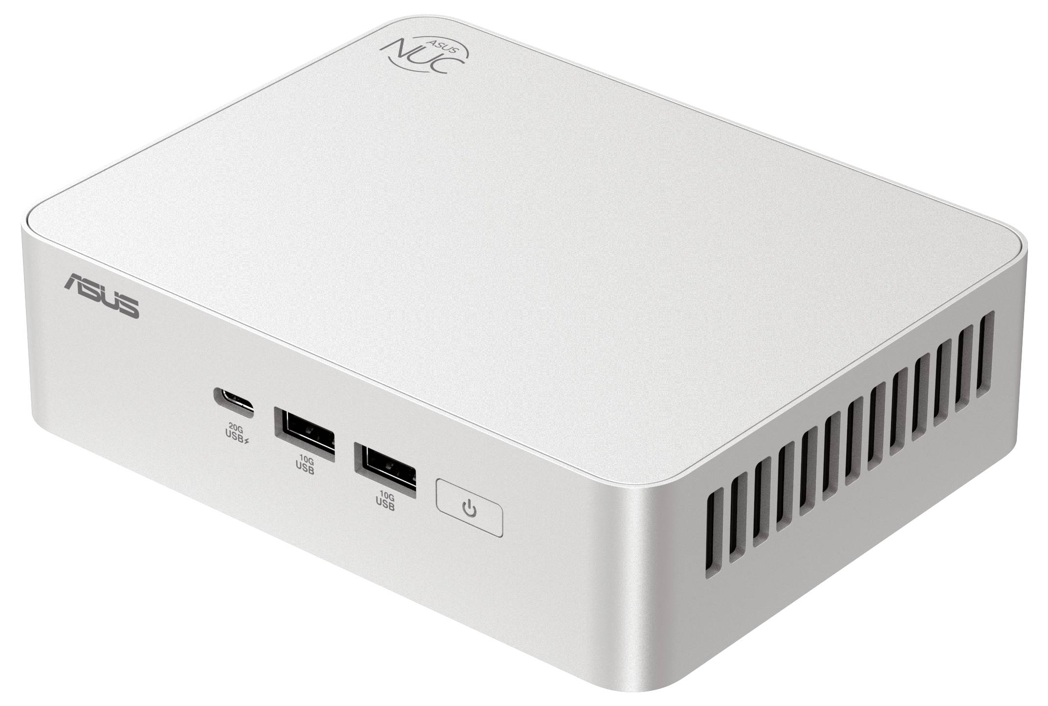 Ein silberner Mini-PC mit ASUS-Logo. An der Vorderseite befinden sich zwei USB-Anschlüsse, ein USB-C-Anschluss und ein Netzschalter.