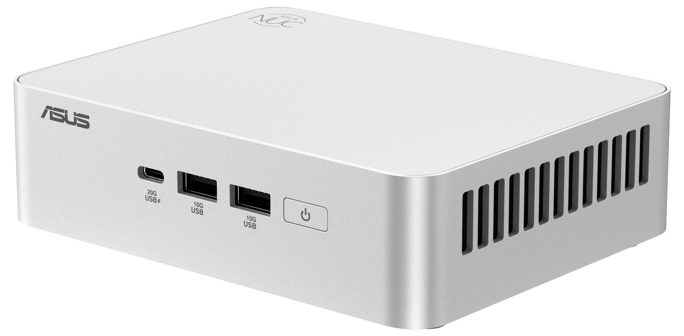 Weiße Mini-Computerbox von Asus mit mehreren USB-Anschlüssen und einem Netzschalter auf der Vorderseite; seitliche Lüftungsschlitze sichtbar.