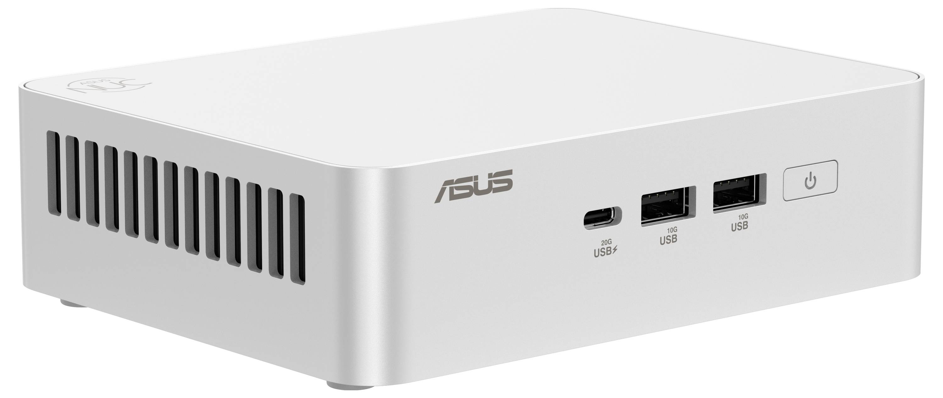 Ein weißer Mini-PC von Asus mit zwei USB-Anschlüssen und einem Netzschalter auf der Vorderseite.