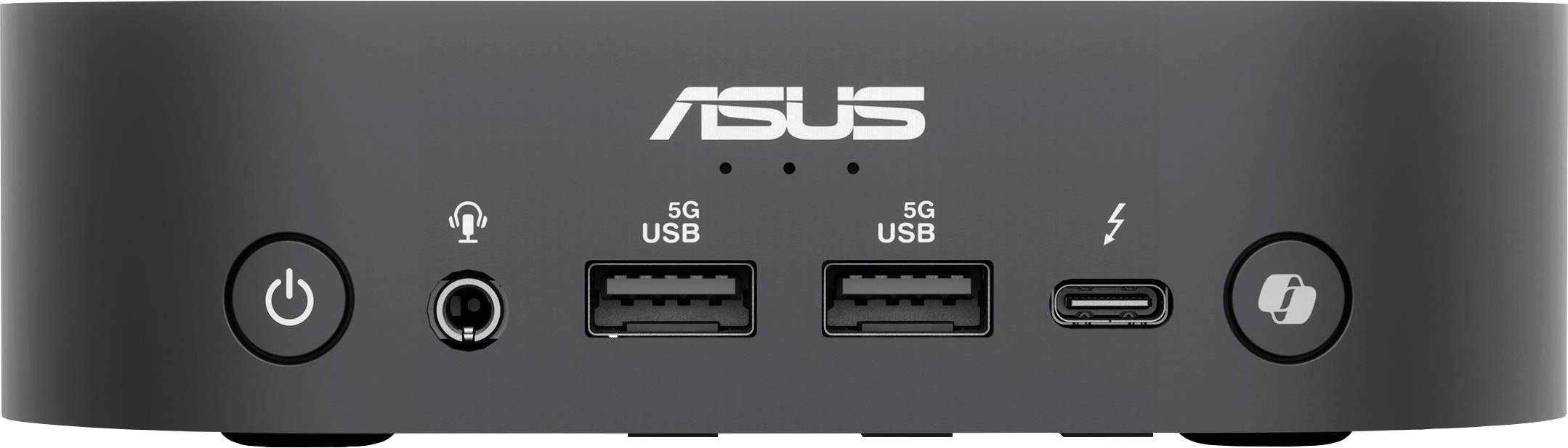 Ein schwarzer ASUS Mini-Computer mit zwei USB-Ports, einem USB-C-Anschluss, einem Kopfhöreranschluss und einem Netzschalter auf der Vorderseite.
