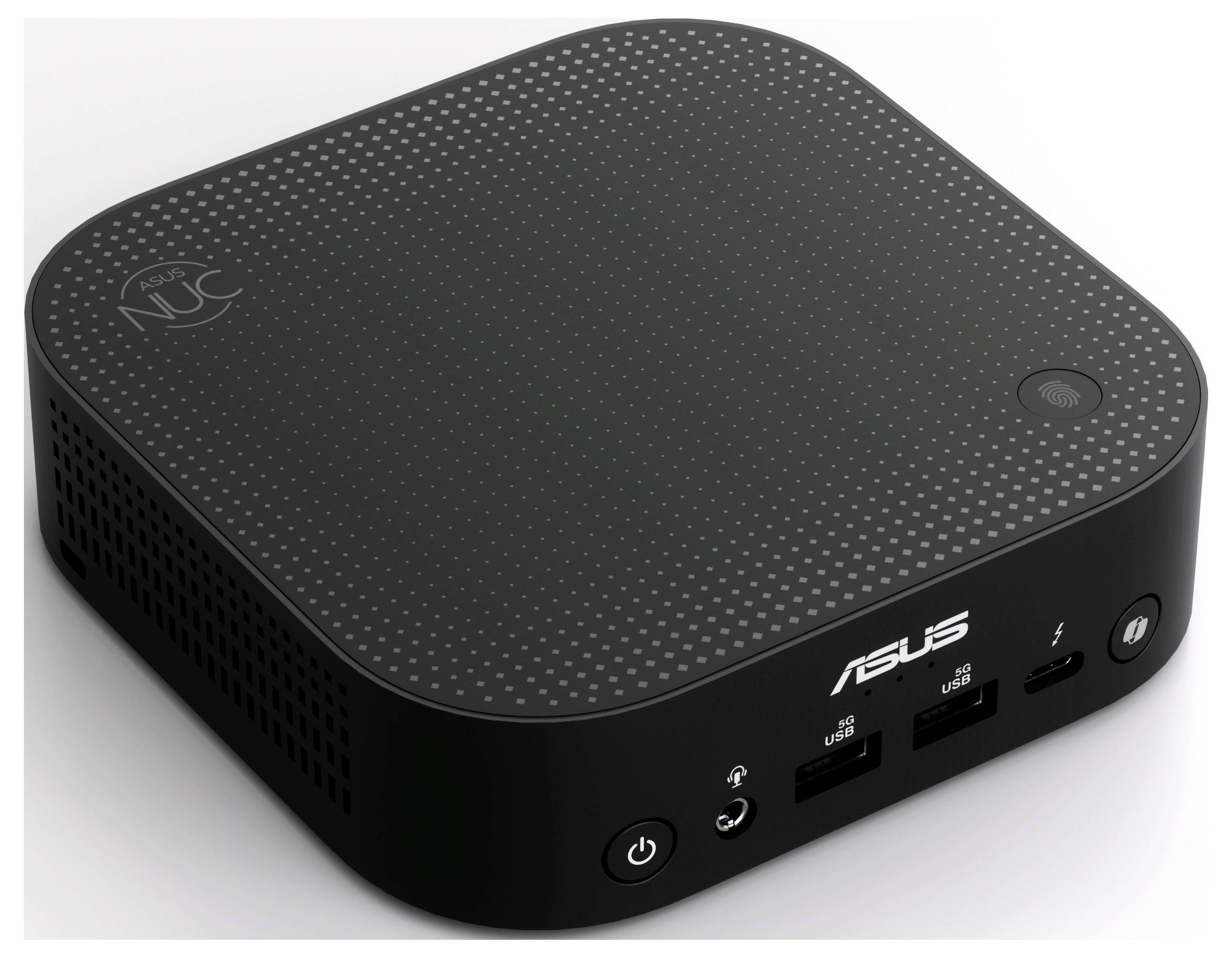 Ein kompakter, schwarzer Mini-PC mit USB-Anschlüssen und Audiobuchse an der Vorderseite. Markenlogo 'Asus' sichtbar.