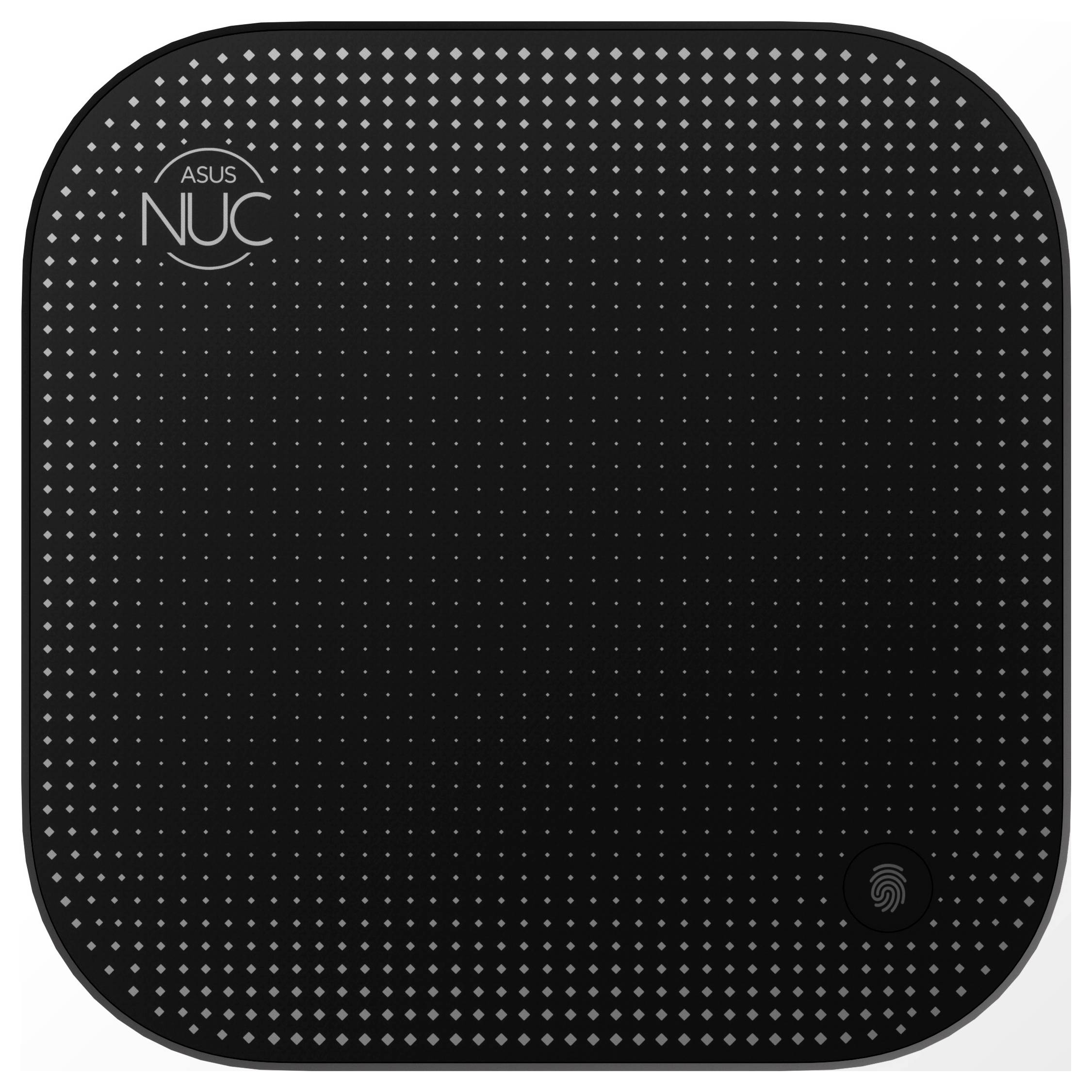 Ein quadratisches ASUS NUC-Gerät in Schwarz mit feinem Punktmuster auf der Oberfläche, Markenlogo oben links.