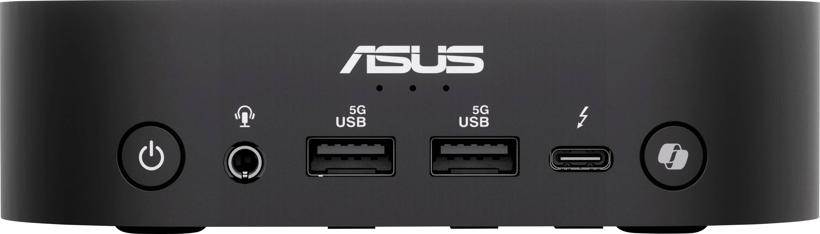 Kleine schwarze Box mit 'ASUS'-Logo, USB-Anschlüssen und Kopfhörerbuchse an der Vorderseite, dient als Computer-Hub.