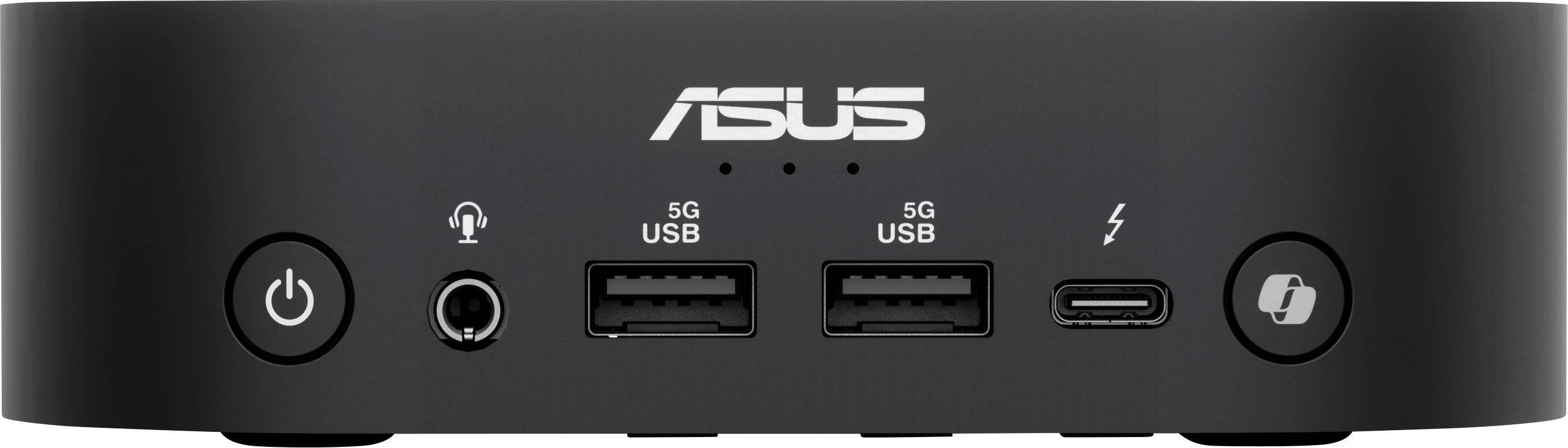 Kleiner, schwarzer ASUS-Mini-PC mit mehreren Anschlüssen: zwei USB, ein Kopfhöreranschluss, ein C-Anschluss und ein Power-Knopf.