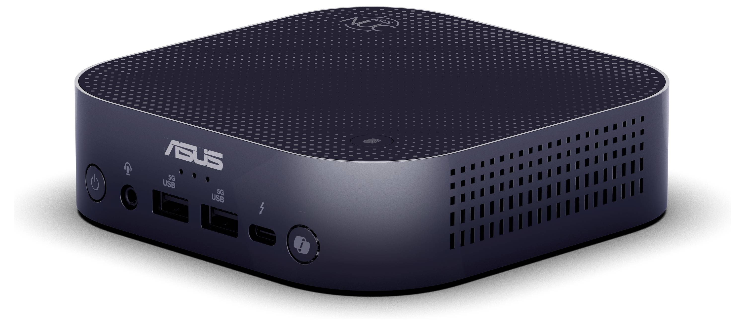 Kompakter schwarzer Mini-PC von ASUS mit mehreren Anschlüssen an der Vorderseite, geeignet für kleine Arbeitsumgebungen.