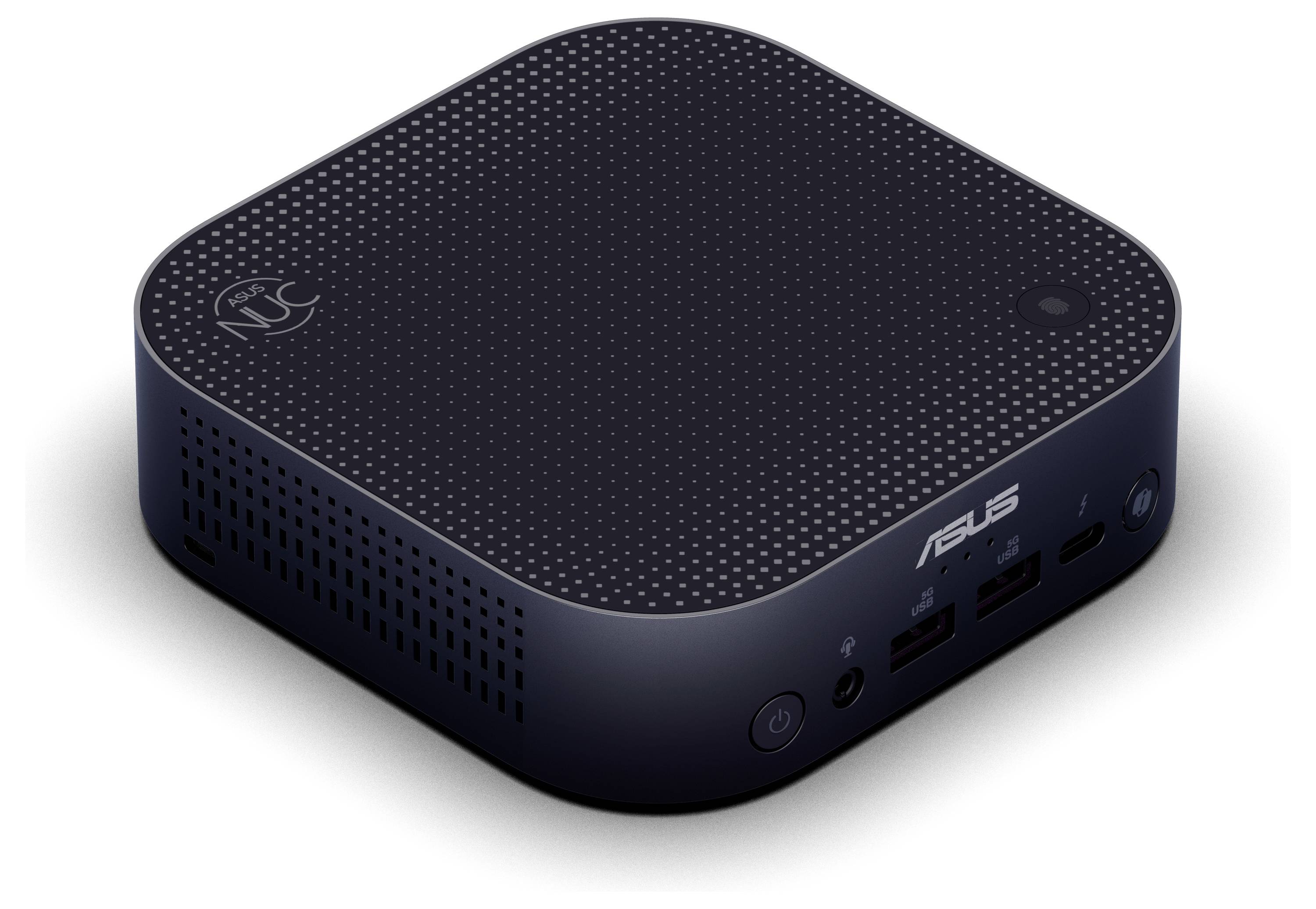 Kleiner, schwarzer ASUS Mini-Computer mit abgerundeten Ecken und mehreren Anschlüssen an der Vorderseite. Nutzen für kompakte Computerlösungen.