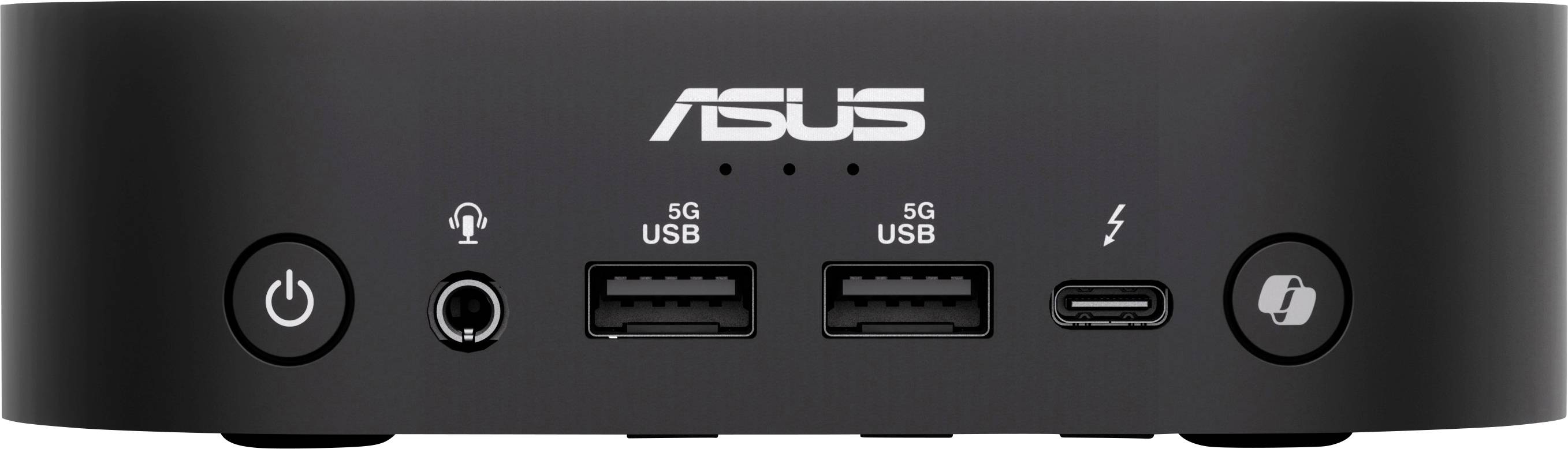 Ein schwarzer ASUS Mini-PC mit Anschlüssen: Power-Taste, Kopfhörerbuchse, zwei USB 3.0-Ports, USB-C-Anschluss, Kartenlesegerät.