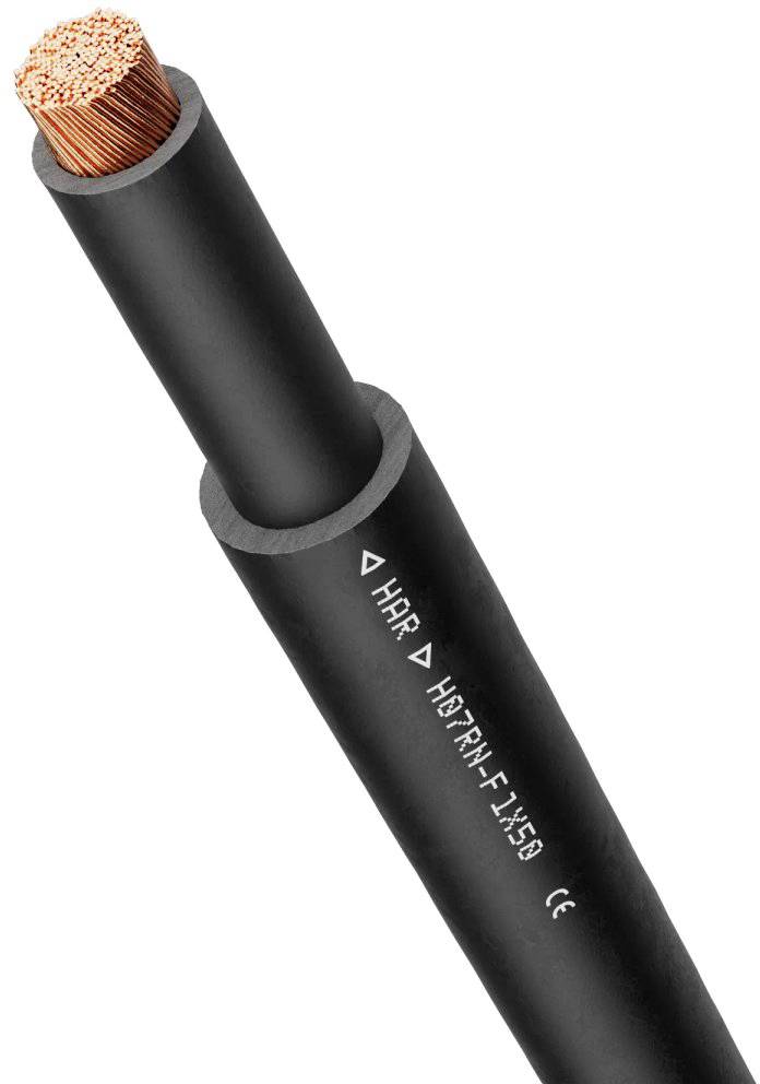 Ein schwarzes Kabel mit der Aufschrift 'H07RN-F', einer flexiblen Ummantelung und freiliegenden Kupferdrähten an einem Ende.