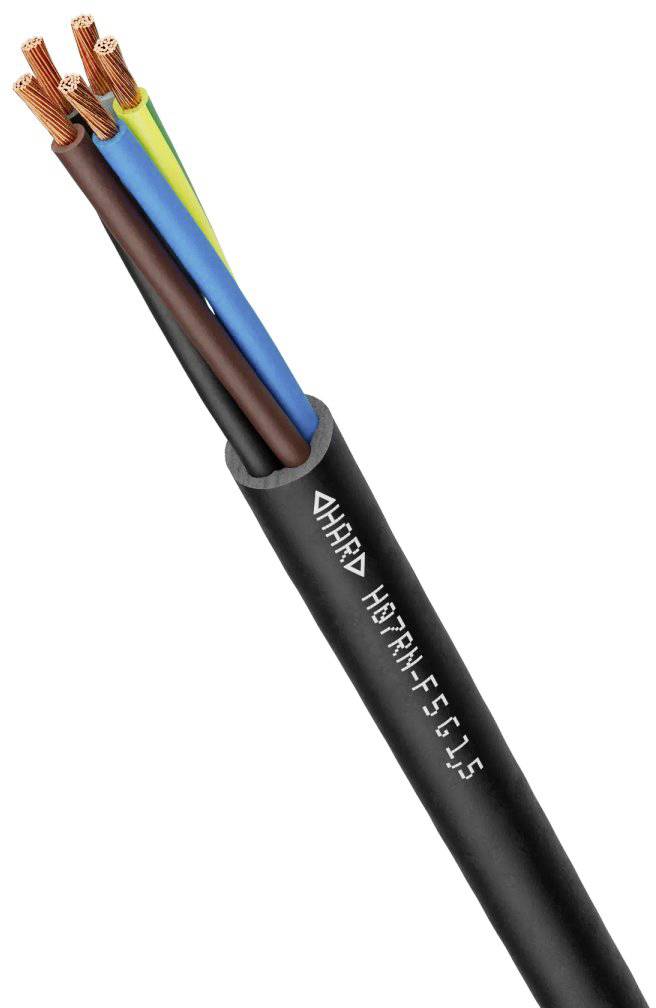 Querschnitt eines Stromkabels mit fünf Kupferdrähten, farbcodiert: braun, blau, gelb-grün, schwarz und grau, Ummantelung aus schwarzem Plastik.