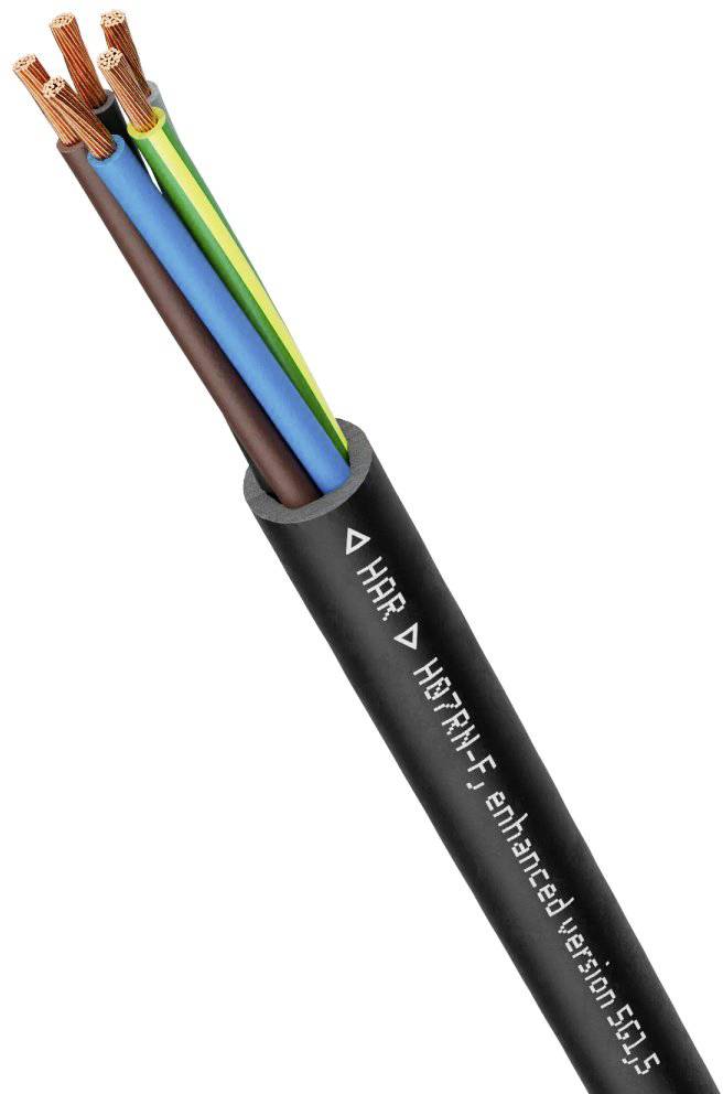Ein schwarzes elektrisches Kabel mit mehreren farbigen Innenleitern in Braun, Blau, Gelb-Grün; Aufschrift: 'H07RN-F 5G1.5'.