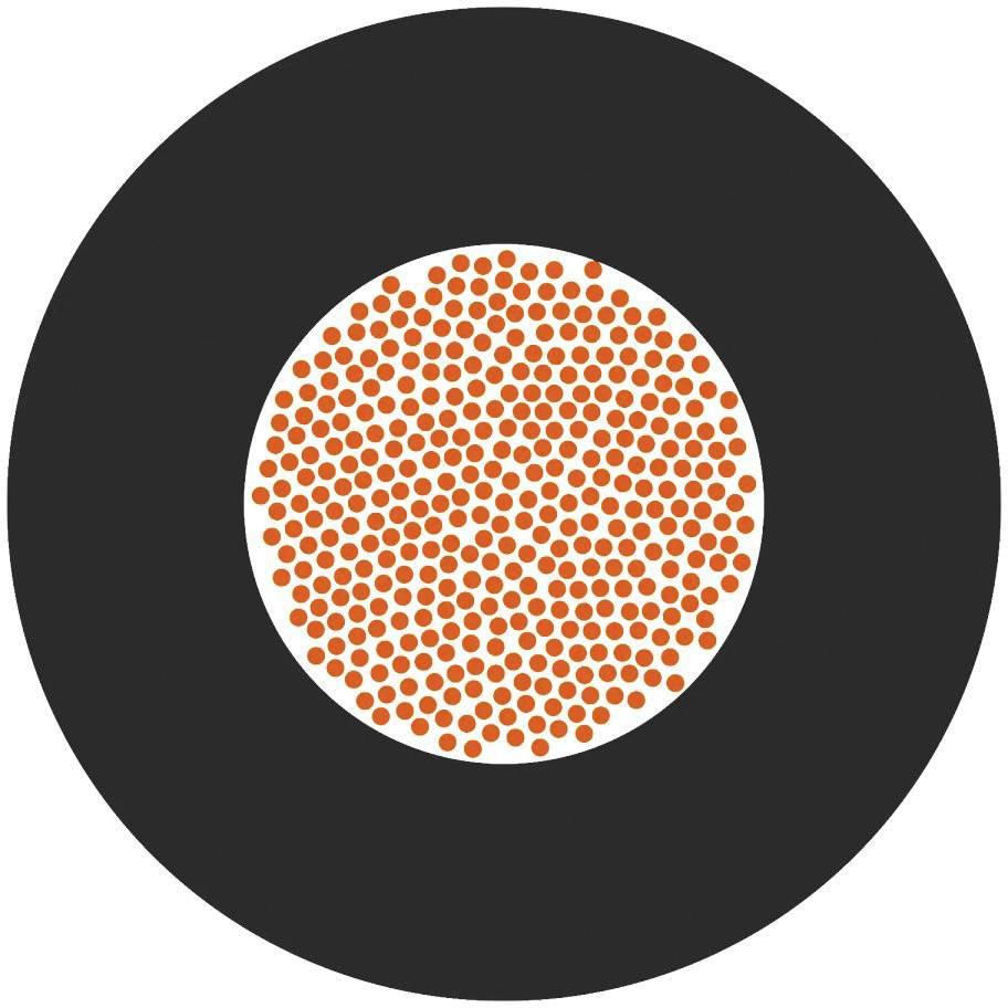 Ein schwarzer Kreis mit einem zentralen Kreis aus vielen kleinen orangefarbenen Punkten.