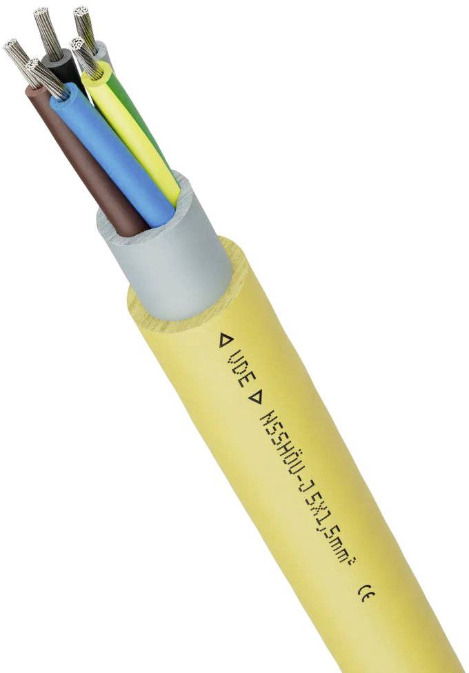 Gelbe Stromkabelisolierung mit freigelegten Adern in verschiedenen Farben. Beschriftung 'VDE NSSHOU-J 5x1.5mm² CE'.
